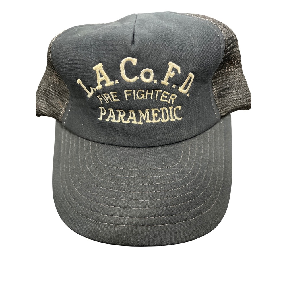 Vintage LA Co FD Fire Fighter Paramedic Trucker Hat Black Mesh Snapback Cap